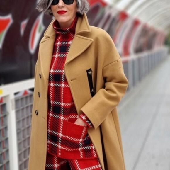 ZARA red black plaid sweater funnel neck with front pockets. Small - Picture 2 of 6